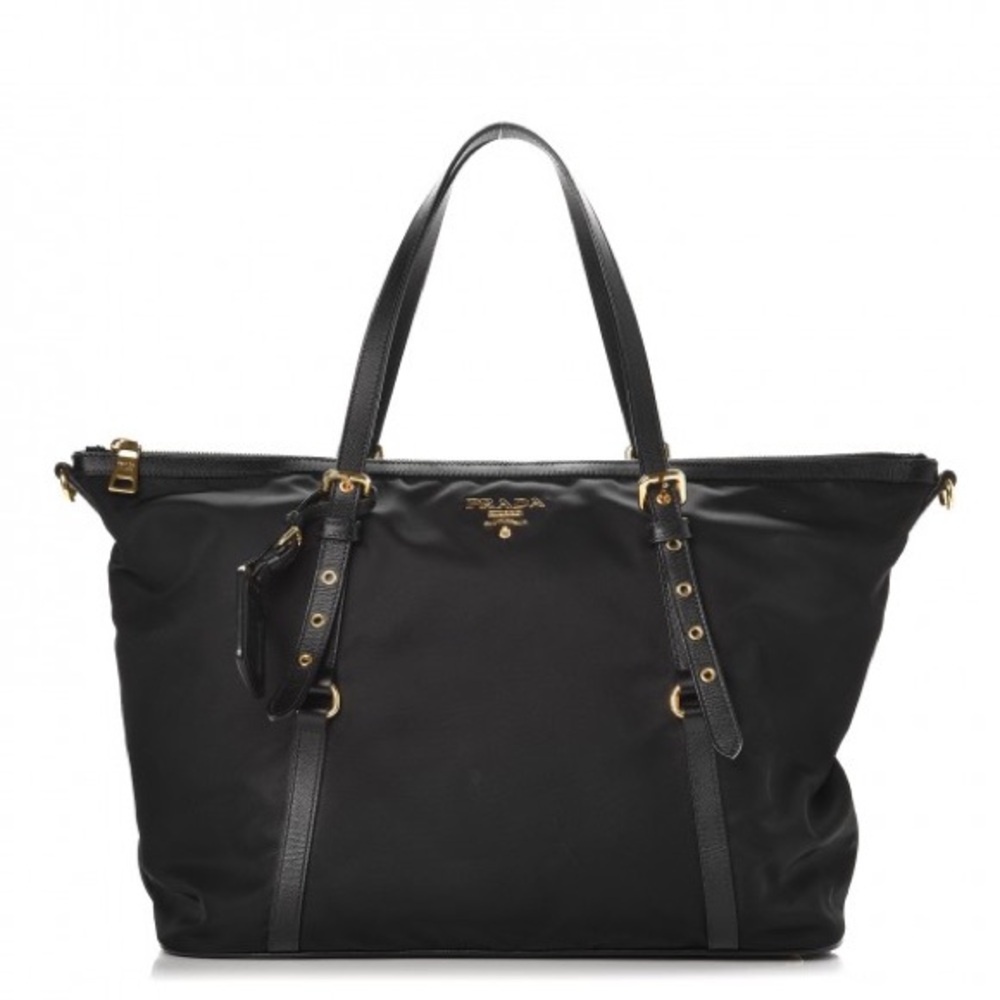 Prada Tessuto Black Nylon Tote with Gold Hardware and Leather Shoulder Strap
